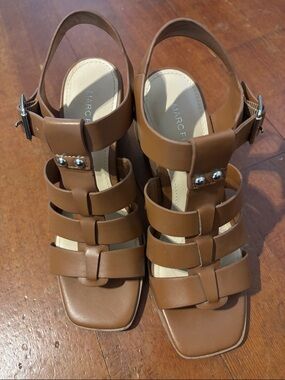 Marc Fisher Tan Strappy Leather Block Heel Sandals